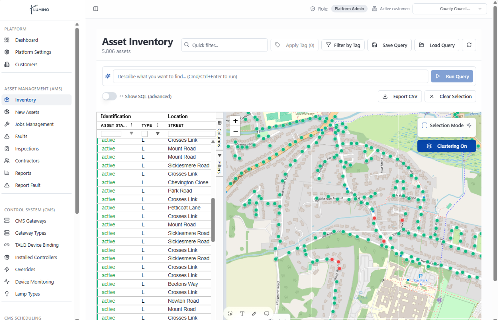Lumino Asset Inventory showing an asset table alongside a clustered map